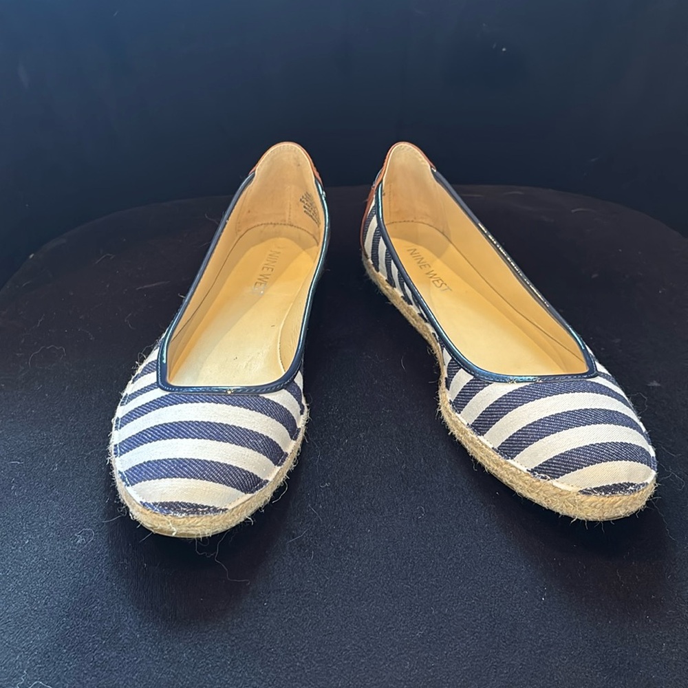 Nine West flats, navy blue stripes, size 6.5. Never worn.